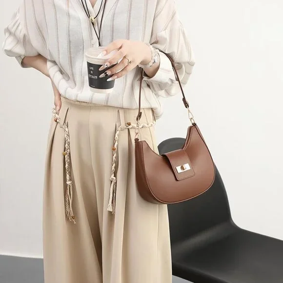 Brown vegan leather shoulder bag with multiple styles, 9.8x5.5x2.5 inches - Picture 7 of 7